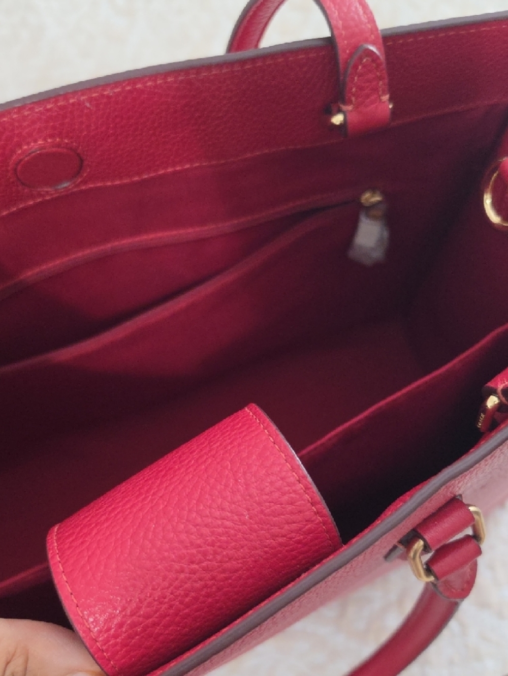 Coach Cherry Red Pebbled Leather Tote with Gold Accents - Picture 6 of 11